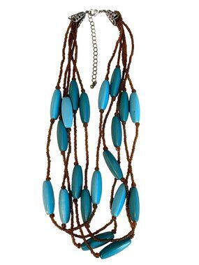 Y2K Turquoise Multi Strand Necklace Boho Layered Beaded Brown Seed Beads Adjusta